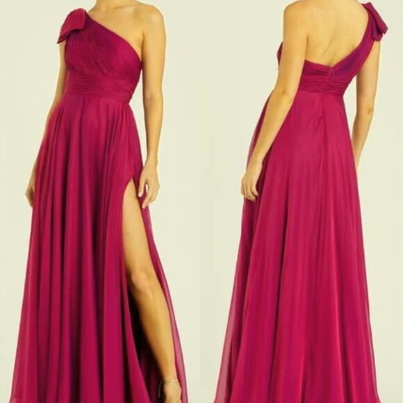 Mac Duggal Raspberry Pleated One Shoulder Chiffon Gown